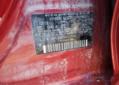 2018 Hyundai Accent Se z USA, uszkodzony, nr VIN 3KPC24A39JE028640